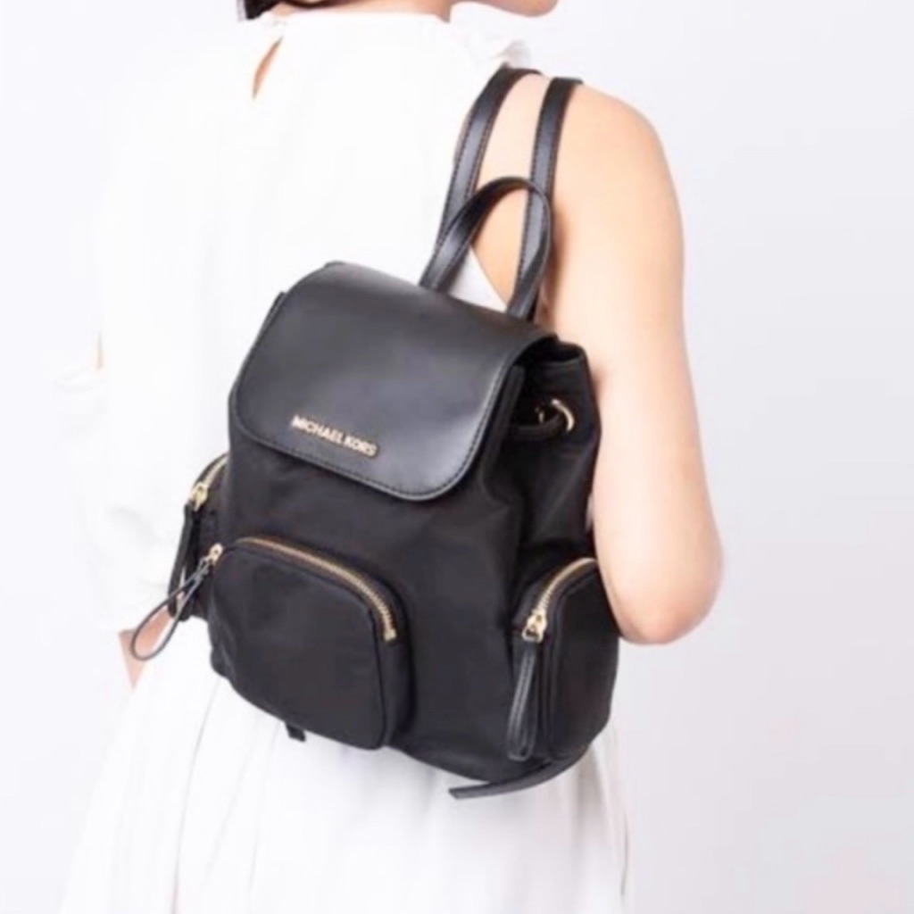 Michael Kors Black Nylon Backpack With Leather Flap & Gold Hardware